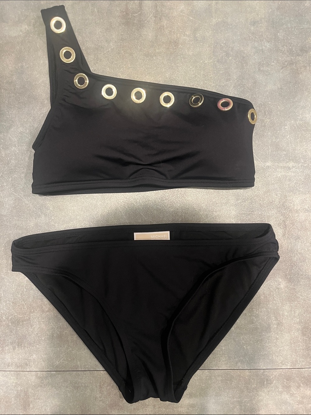 Michael Kors Black One-Shoulder Bikini with Gold Eyelets